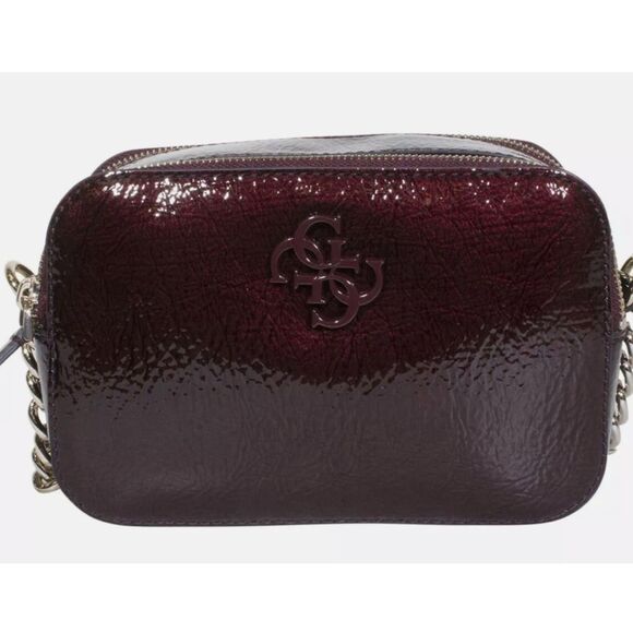 Guess Noelle Shiny Leather Women Shoulder Hand Bag Merlot Burgundy Silver Chain - Picture 1 of 13